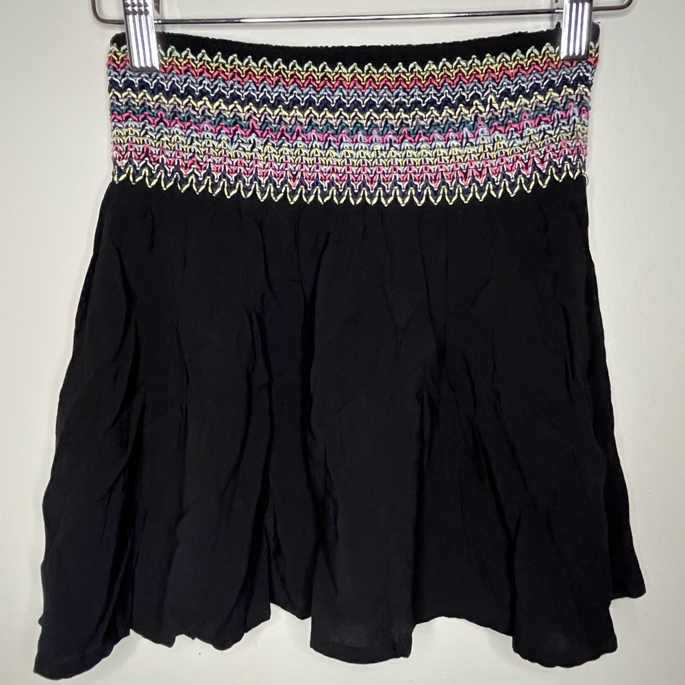 Festival Party Bohochic Poetry Black Mini Skirt Multicolor Waist Womens Sz Small